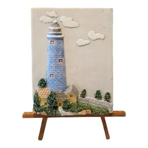 Lighthouse Ceramic Blue Plaque Wooden Easel Detailed Nautical Home Decor